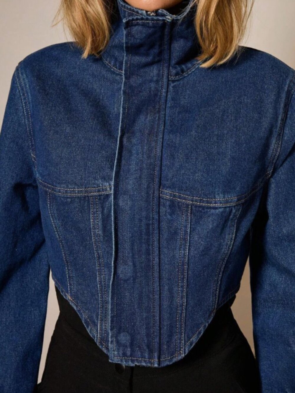 Women Cropped Denim Jacket Cotton Fitted Zip Up Casual Blue Jean Top Trend - Picture 5 of 6
